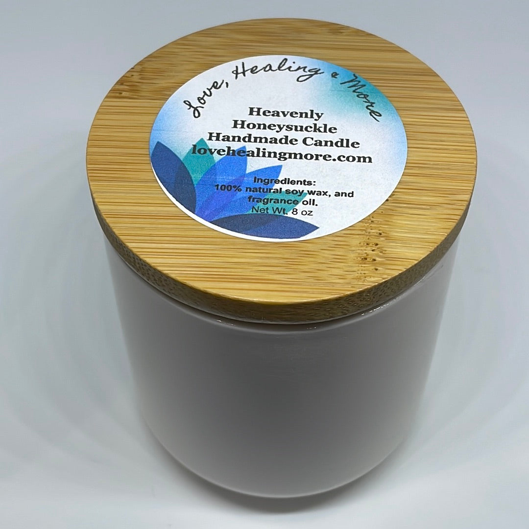 Handmade Heavenly Honeysuckle Fragrance Candle in ceramic container