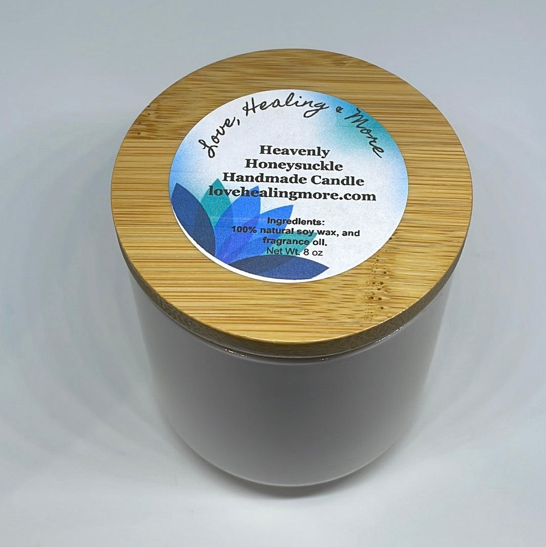 Handmade Heavenly Honeysuckle Fragrance Candle in ceramic container